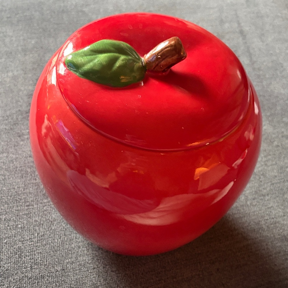 Glossy Red Apple Ceramic Jar with Leaf Lid